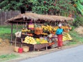 Colorful fruit stall along road with smiling salesman, countryside Madagascar