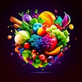 Colorful fruit and vegetables in a heart shape on a dark background AI generated Royalty Free Stock Photo