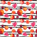 Colorful fruits and berries. Seamless modern fruit pattern with hand painted black lines. Water color