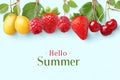 Colorful fruits dangle on a line, celebrating the arrival of summer with hello summer text, Hello Summer background. Royalty Free Stock Photo