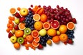 Colorful fruits, including oranges, apples, grapes, and berries, arranged neatly on a clean white background, perfect for Royalty Free Stock Photo