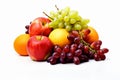 Colorful fruits, including oranges, apples, grapes, and berries, arranged neatly on a clean white background, perfect for Royalty Free Stock Photo