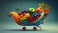 Colorful Fruits and a Playful Puppy in a Shopping Cart