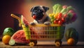 Colorful Fruits and a Playful Puppy in a Shopping Cart