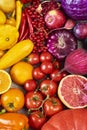 Colorful fruits and vegetables background. Rainbow collection