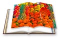 Colorful fruits and vegetables from organic agriculture exhibited in a italian market - 3D render of an opened photo book isolated