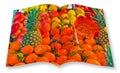 Colorful fruits and vegetables from organic agriculture exhibited in a italian market - 3D render of an opened photo book isolated