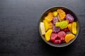 Colorful fruity jelly candies in bowl