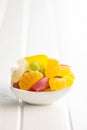 Colorful fruity jelly candies in bowl