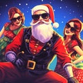 A Fun Colorful Rockabilly Party Santa Claus with Retro Girls Vintage Style Illustration