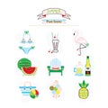 Colorful fun summer, fruit, and beach icons set