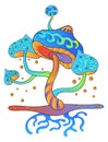 Colorful fungus drawing. Fantasy mushroom. Magic psychedelic icon