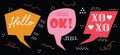Colorful funky and cute cartoon retro style odd shapes Hello, Ok, and XOXO speech bubbles set with on black