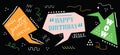 Colorful funky and cute cartoon retro style odd shapes Pretty, Birthday, and wow text speech bubbles set on black