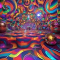 Colorful and funky retro disco party Groovy patterns, disco balls, and energetic dance poses2