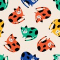 Colorful funny cats hand drawn vector illustration. Cute kittens summer seamless pattern for kids. Royalty Free Stock Photo