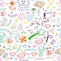 Colorful funny children doodle icon seamless pattern. Cute happy kid drawing symbol wallpaper print, diverse education concept Royalty Free Stock Photo