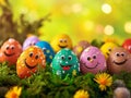 Colorful funny Easter eggs with a smile on their face on a beautiful spring background