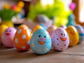 Colorful funny Easter eggs with a smile on their face on a beautiful spring background