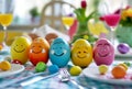 Colorful funny Easter eggs with a smile on their face on a beautiful spring background