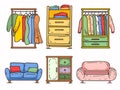 Colorful furniture set featuring wardrobe closet open clothes hanging, drawers colorful folded