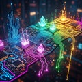 Colorful futuristic digital circuit board with glowing components and interconnected pathways representing advanced technology Royalty Free Stock Photo