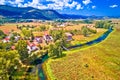 Colorful Gacka valley field and river aerial summer view