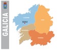 Colorful Galicia administrative and political vector map with co