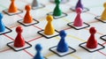 Colorful game pieces arranged on a board representing strategic decision making Royalty Free Stock Photo