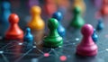 Colorful game pieces form a connected network on a dark surface. Abstract concept of teamwork, community, and social interaction Royalty Free Stock Photo