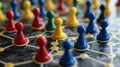 Colorful game pieces on a networked board Royalty Free Stock Photo