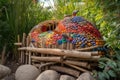 a colorful garden sculpture with a mix of natural and manmade materials