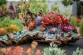 a colorful garden sculpture with a mix of natural and manmade materials