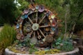 a colorful garden sculpture with a mix of natural and manmade materials