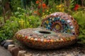 a colorful garden sculpture with a mix of natural and manmade materials