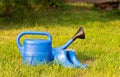 Colorful garden tools on a green lawn. watering can and rubber boots. Royalty Free Stock Photo