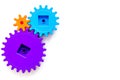 Colorful gears for ideal team work technology white table background top view mock-up