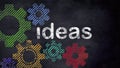 Colorful gears in motions and ideas text on blackboard. 3D illustration