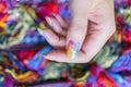 Colorful gel polish painting vivid cute galaxy nail art on beautiful woman fingernail