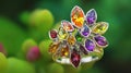 A colorful gemstone ring with a silver setting, arranged in a flower shape,  on a blurry green background Royalty Free Stock Photo