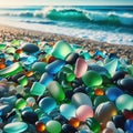 Colorful gemstones on a beach