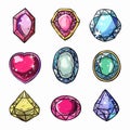 Colorful gemstones set, cartoon crystals collection, precious stones variety. Gemstone icons