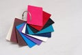 Colorful genuine leather fashion samples, modern shops, industry concept. palette catalog with color leather samples.