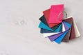 Colorful genuine leather fashion samples, modern shops, industry concept. palette catalog with color leather samples.