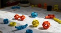 Colorful geometric 3D-printed objects rest on technical blueprints. The designs Royalty Free Stock Photo