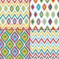 Colorful geometric ikat asian traditional fabric seamless patterns set of four, vector