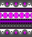 Colorful geometric ornament, horizontal lines and waves. Lilac, grey, and white symmetrical pattern with dots and