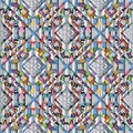 Colorful geometric ornate seamless pattern. Silver textured patterned background. Greek key meander ornaments. Multicolor bright