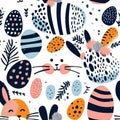 Colorful geometric pattern of easter eggs and rabbits on a white confetti background Royalty Free Stock Photo