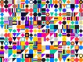 Colorful geometric pattern featuring interlocking shapes such as squares, circles, triangles, and diamonds. Royalty Free Stock Photo